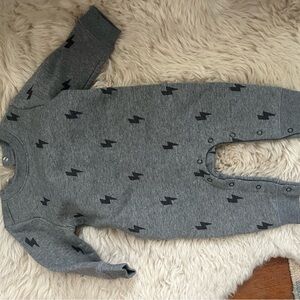 Primary Charcoal Lightning Bolt Kids Footie sweatshirt romper 3-6